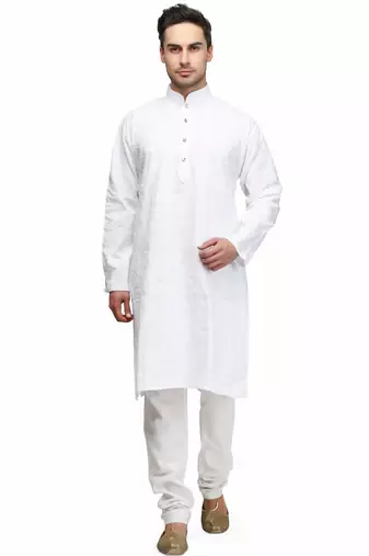 White chikankari thread embroidered cotton kurta pajama set