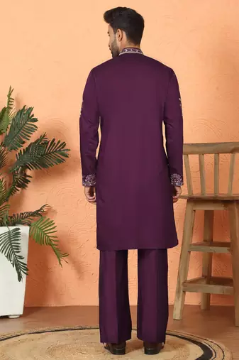 Cotton silk embroidered daman work wine kurta with bell bottom trouser