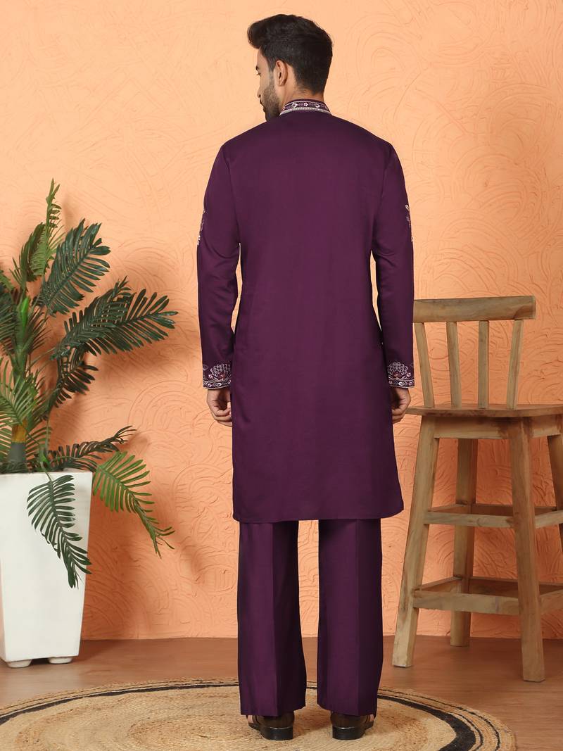 Cotton silk embroidered daman work wine kurta with bell bottom trouser