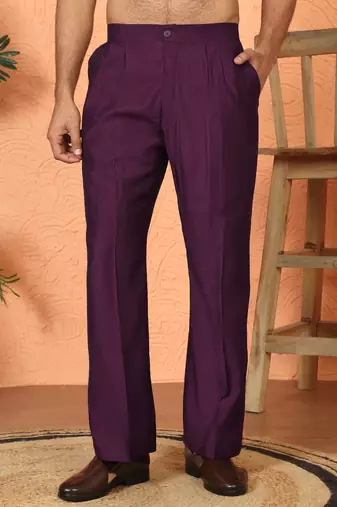 Cotton silk embroidered daman work wine kurta with bell bottom trouser