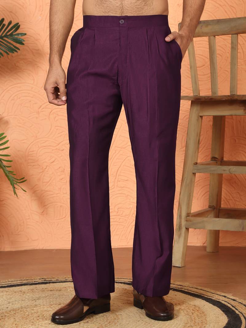 Cotton silk embroidered daman work wine kurta with bell bottom trouser