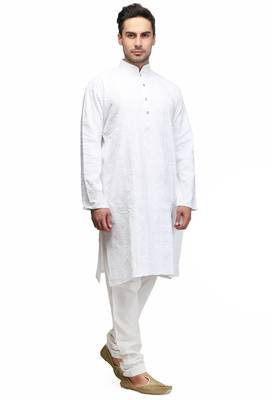 White chikankari thread embroidered cotton kurta pajama set 2