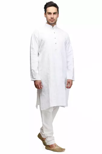 White chikankari thread embroidered cotton kurta pajama set