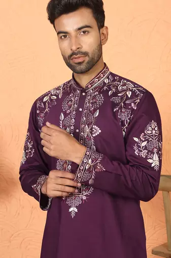 Cotton silk embroidered daman work wine kurta with bell bottom trouser