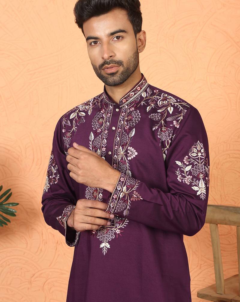Cotton silk embroidered daman work wine kurta with bell bottom trouser