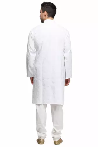 White chikankari thread embroidered cotton kurta pajama set