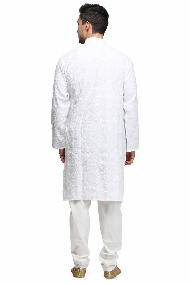 White chikankari thread embroidered cotton kurta pajama set