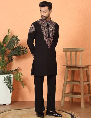 Japanese fabric embroidered paisley black kurta with trouser pant 1