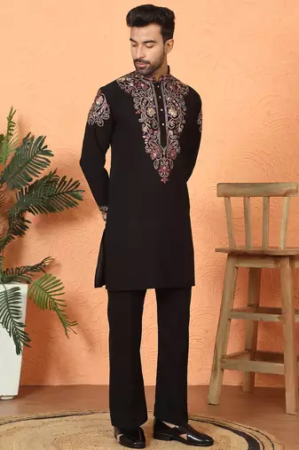 Japanese fabric embroidered paisley black kurta with trouser pant
