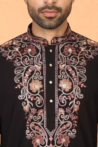 Japanese fabric embroidered paisley black kurta with trouser pant