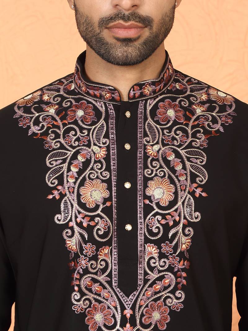 Japanese fabric embroidered paisley black kurta with trouser pant