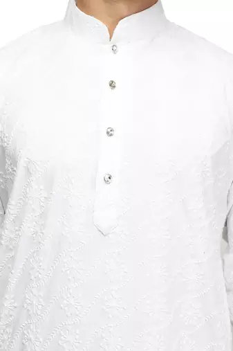 White chikankari thread embroidered cotton kurta pajama set