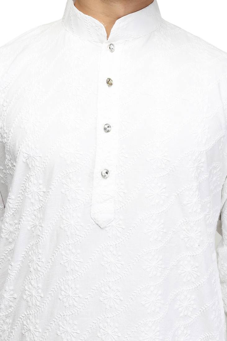 White chikankari thread embroidered cotton kurta pajama set