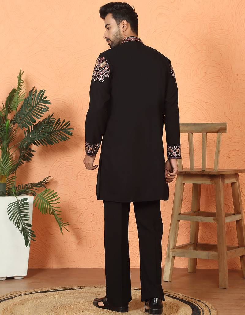 Japanese fabric embroidered paisley black kurta with trouser pant