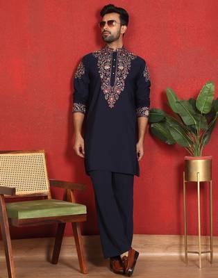 Japanese fabric embroidered paisley navy blue kurta with trouser pant 1
