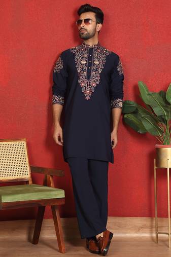 Japanese fabric embroidered paisley navy blue kurta with trouser pant