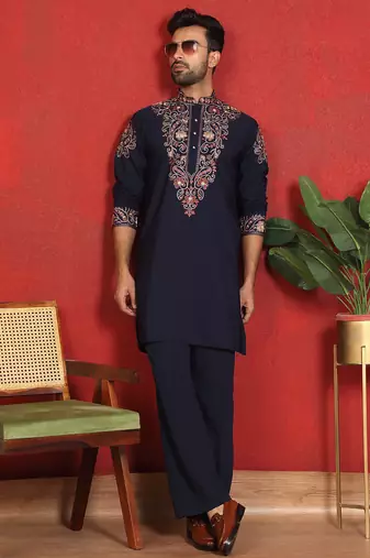 Japanese fabric embroidered paisley navy blue kurta with trouser pant