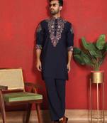 Japanese fabric embroidered paisley navy blue kurta with trouser pant