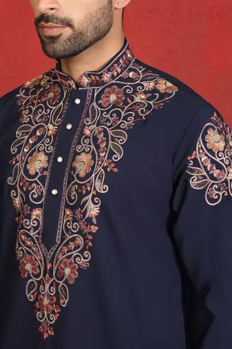 Japanese fabric embroidered paisley navy blue kurta with trouser pant
