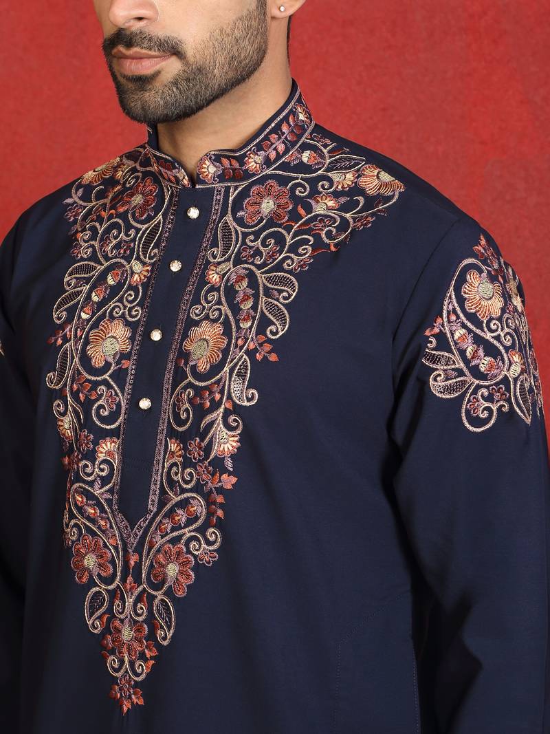 Japanese fabric embroidered paisley navy blue kurta with trouser pant