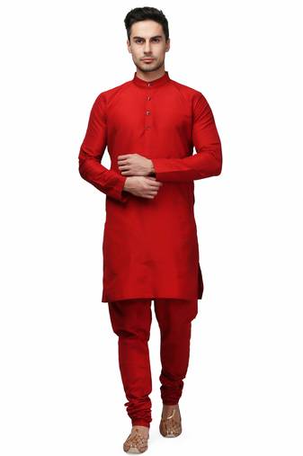 Classic design cotton red color kurta pajama set