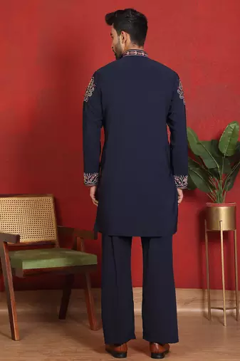 Japanese fabric embroidered paisley navy blue kurta with trouser pant