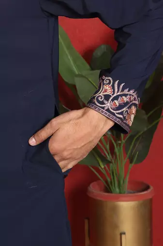 Japanese fabric embroidered paisley navy blue kurta with trouser pant