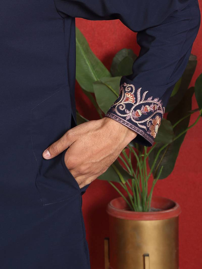 Japanese fabric embroidered paisley navy blue kurta with trouser pant