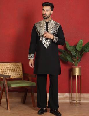 Japanese fabric yoke design embroidered black kurta with trouser pant 1