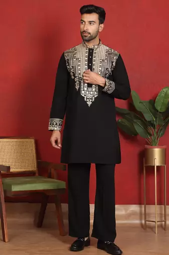 Japanese fabric yoke design embroidered black kurta with trouser pant