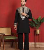 Japanese fabric yoke design embroidered black kurta with trouser pant