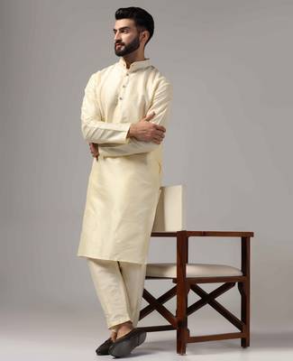 Classic cream color silk kurta with pants set 1