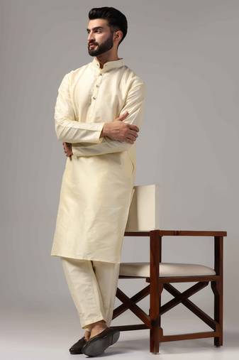 Classic cream color silk kurta with pants set