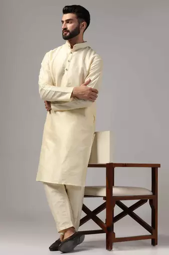 Classic cream color silk kurta with pants set