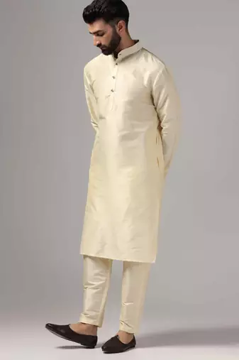Classic cream color silk kurta with pants set