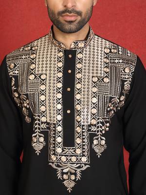 Japanese fabric yoke design embroidered black kurta with trouser pant 2