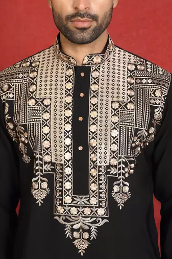 Japanese fabric yoke design embroidered black kurta with trouser pant