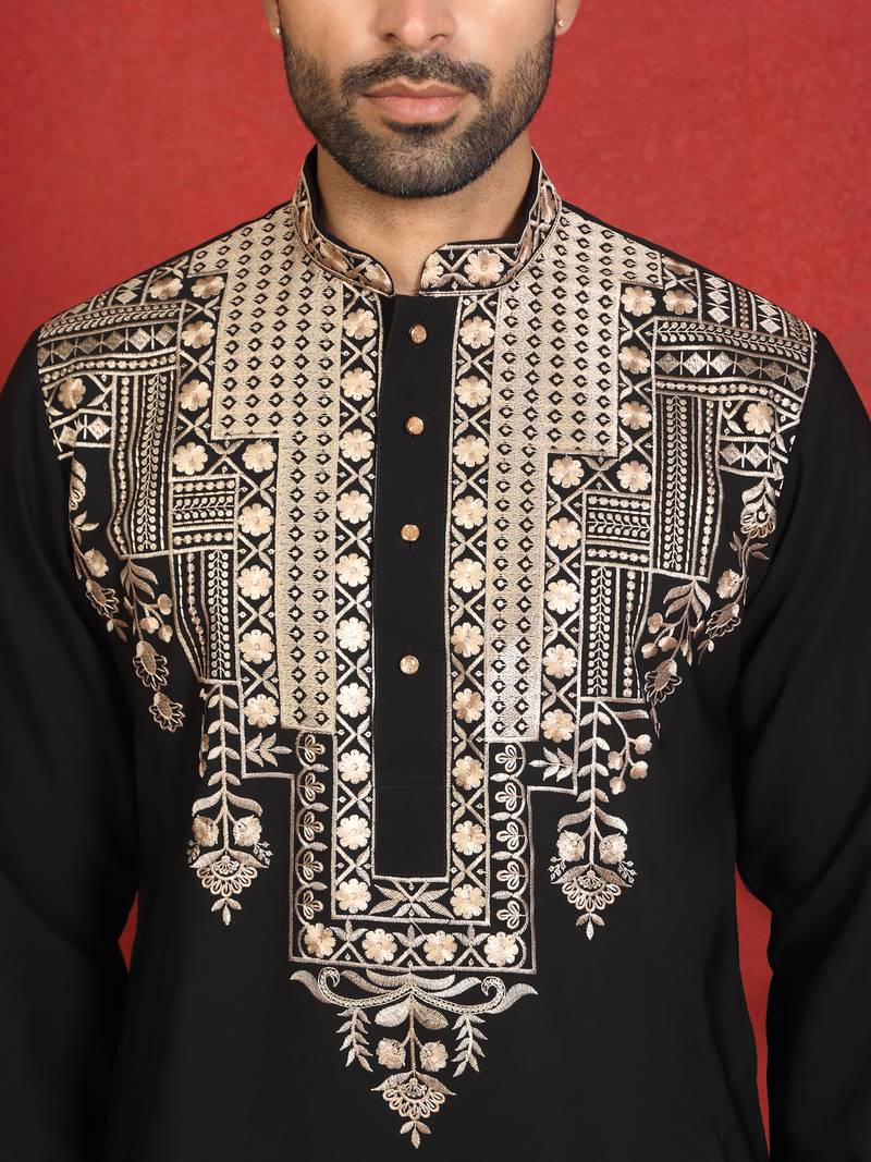Japanese fabric yoke design embroidered black kurta with trouser pant