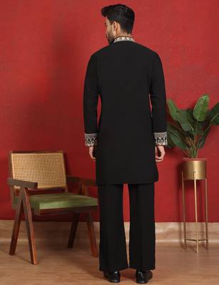 Japanese fabric yoke design embroidered black kurta with trouser pant 3