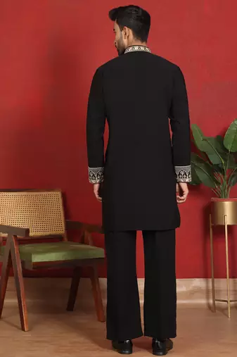 Japanese fabric yoke design embroidered black kurta with trouser pant