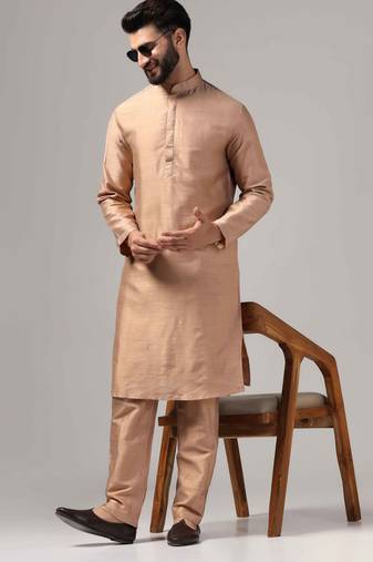 Rose gold color silk kurta with pants set