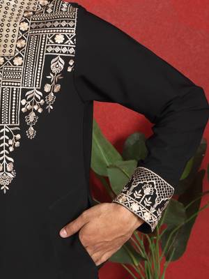Japanese fabric yoke design embroidered black kurta with trouser pant 5