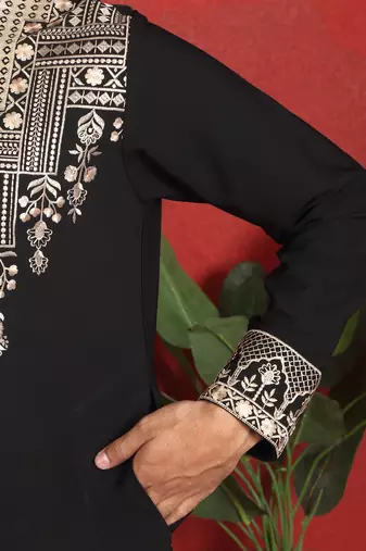 Japanese fabric yoke design embroidered black kurta with trouser pant