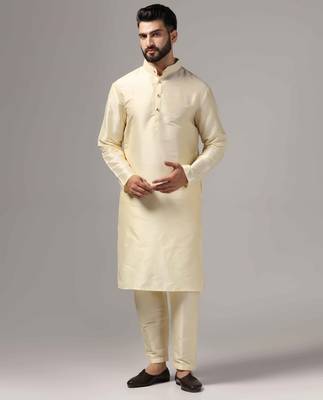 Classic cream color silk kurta with pants set 5