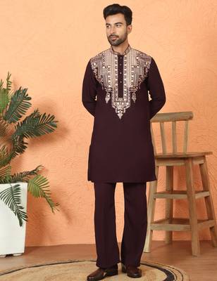 japanese fabric yoke design embroidered maroon kurta with trouser pant 1