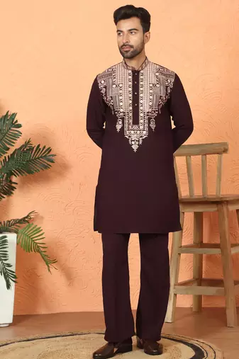 japanese fabric yoke design embroidered maroon kurta with trouser pant