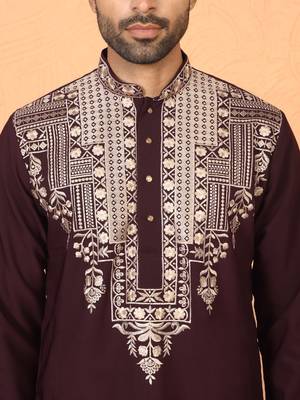 japanese fabric yoke design embroidered maroon kurta with trouser pant 2