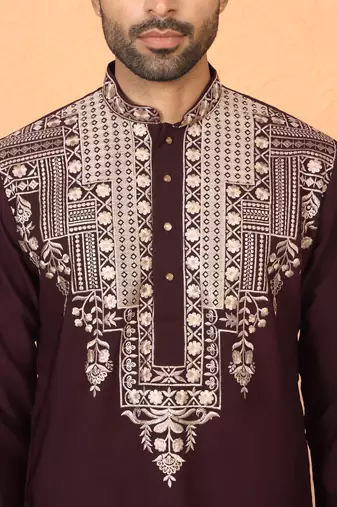 japanese fabric yoke design embroidered maroon kurta with trouser pant