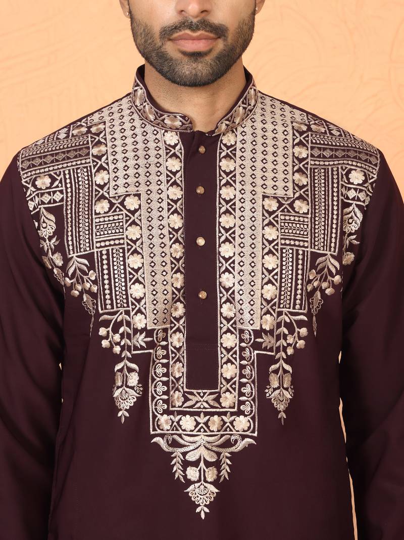 japanese fabric yoke design embroidered maroon kurta with trouser pant