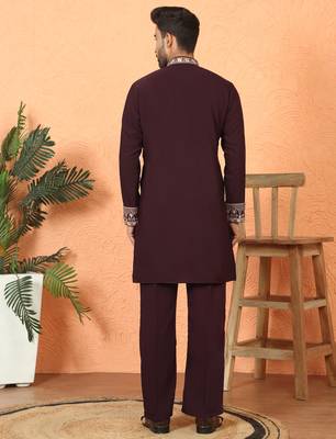 japanese fabric yoke design embroidered maroon kurta with trouser pant 3
